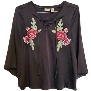 Daytrip Womens Blouse Black Medium Rose Flower Boho Front tie Embroidered
